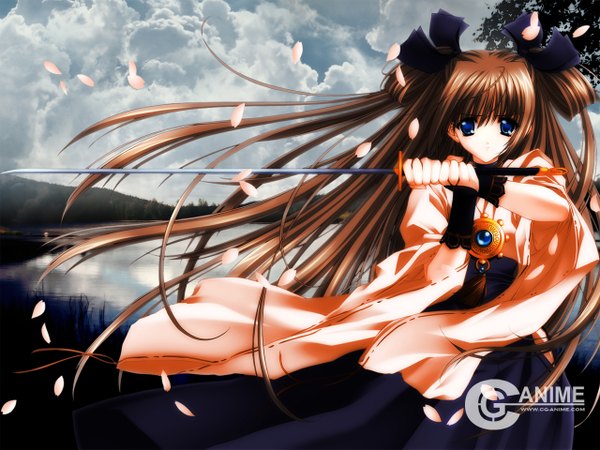 Anime picture 1280x960 with push!! carnelian long hair looking at viewer blue eyes brown hair sky cloud (clouds) very long hair traditional clothes japanese clothes sunlight wallpaper cherry blossoms mountain third-party edit lake photo background girl hair ornament