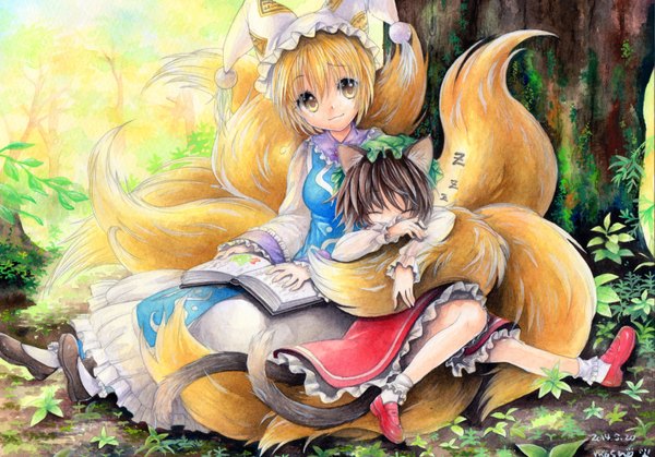 Anime picture 1500x1048 with touhou yakumo ran chen mosho looking at viewer short hair blonde hair brown hair sitting multiple girls signed animal ears yellow eyes tail eyes closed animal tail cat ears cat tail fox ears fox tail