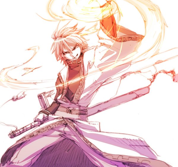 Anime picture 1024x958 with akaboshi ibun suikoden taisou (akaboshi ibun suikoden) yahako short hair simple background smile white background white hair magic chinese clothes weapon sword belt huge weapon