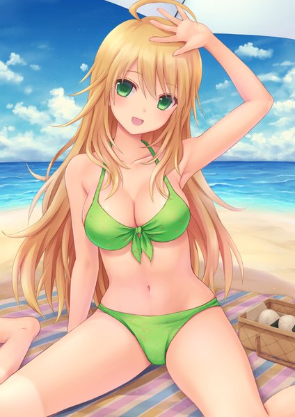 Anime picture 1447x2047 with idolmaster hoshii miki n.g. single long hair tall image looking at viewer blush breasts open mouth light erotic blonde hair sitting green eyes sky cleavage cloud (clouds) ahoge barefoot bare belly