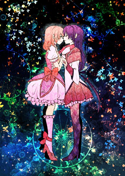 Anime picture 707x1000 with mahou shoujo madoka magica shaft (studio) akemi homura kaname madoka momoko (palemon) long hair tall image fringe short hair smile standing multiple girls pink hair purple hair eyes closed profile pleated skirt pink eyes high heels puffy sleeves