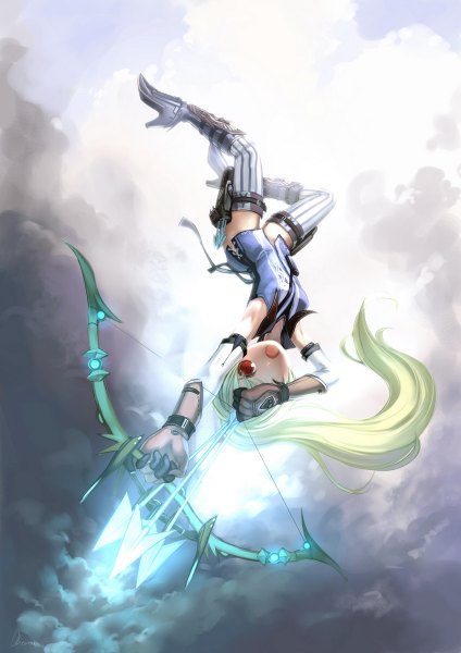 Anime picture 848x1200 with dragon nest archer (dragon nest) observerz single long hair tall image open mouth red eyes ponytail one eye closed green hair wink girl weapon thigh boots clothes bow (weapon) arrow (arrows)