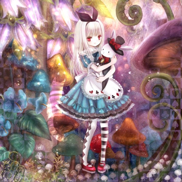 Anime picture 1200x1200 with alice in wonderland alice (wonderland) himemurasaki single long hair red eyes white hair girl dress flower (flowers) bow hair bow animal bunny mushroom (mushrooms)