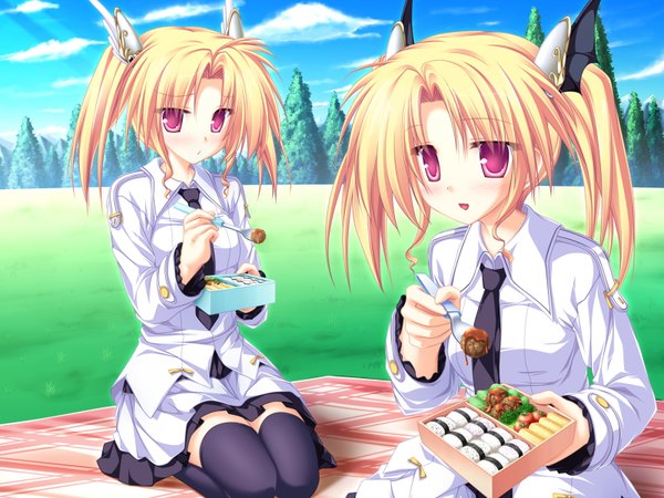 Anime picture 1600x1200 with magus tale whirlpool (studio) nina geminis rena geminis tenmaso looking at viewer blush short hair open mouth blonde hair twintails multiple girls game cg sky cloud (clouds) pink eyes short twintails siblings twins sisters