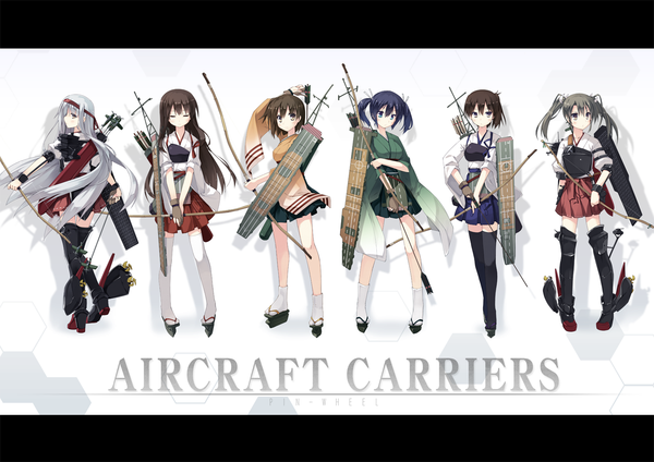 Anime picture 1300x919 with kantai collection kaga aircraft carrier akagi aircraft carrier shoukaku aircraft carrier zuikaku aircraft carrier souryuu aircraft carrier hiryuu aircraft carrier t-ray long hair looking at viewer blush short hair black hair simple background brown hair white background twintails multiple girls yellow eyes looking away
