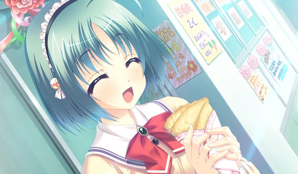 Anime picture 1024x600 with houkago kitchen short hair open mouth wide image game cg eyes closed green hair girl uniform school uniform hairband