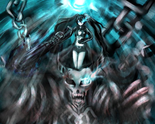 Anime picture 1500x1198 with black rock shooter black rock shooter (character) single long hair blue eyes black hair standing twintails horn (horns) teeth fang (fangs) girl gloves weapon gun chain cloak skull