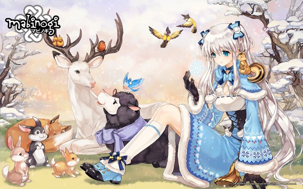 Anime picture 1920x1200 with mabinogi nao single long hair highres blue eyes full body white hair snowing winter bare tree girl dress bow plant (plants) hair bow animal tree (trees) socks shoes