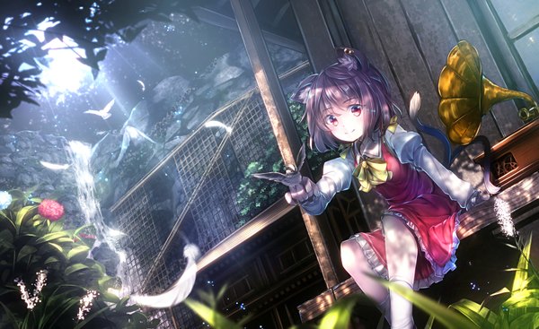 Anime picture 1631x1000 with touhou chen ryosios single looking at viewer fringe short hair smile wide image sitting purple eyes animal ears purple hair tail animal tail sunlight cat ears cat girl cat tail multiple tails