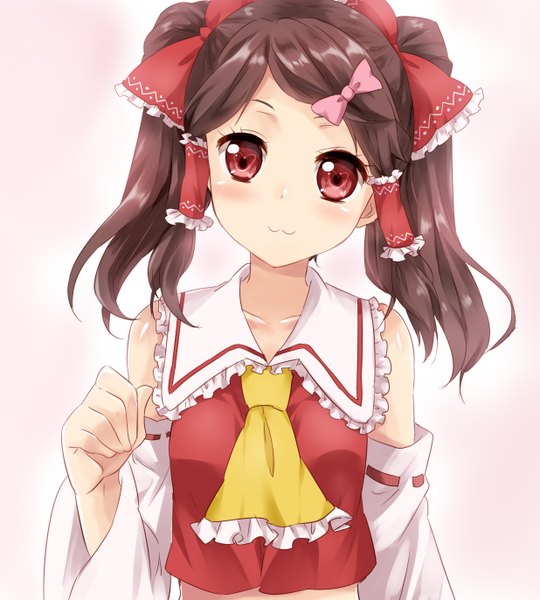Anime picture 1235x1372 with touhou hakurei reimu maruki (punchiki) single long hair tall image looking at viewer blush simple background red eyes brown hair white background twintails miko girl bow hair bow detached sleeves