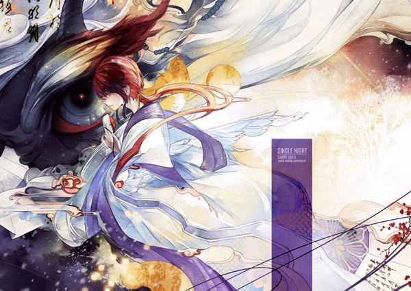 Anime picture 1680x1191 with original yaomou meizi single long hair red eyes signed red hair traditional clothes profile inscription text english androgynous girl earrings beads eye