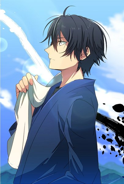 Anime picture 675x1000 with barakamon handa seishuu nic (kevin) single tall image short hair black hair sky cloud (clouds) ahoge traditional clothes japanese clothes profile black eyes boy towel