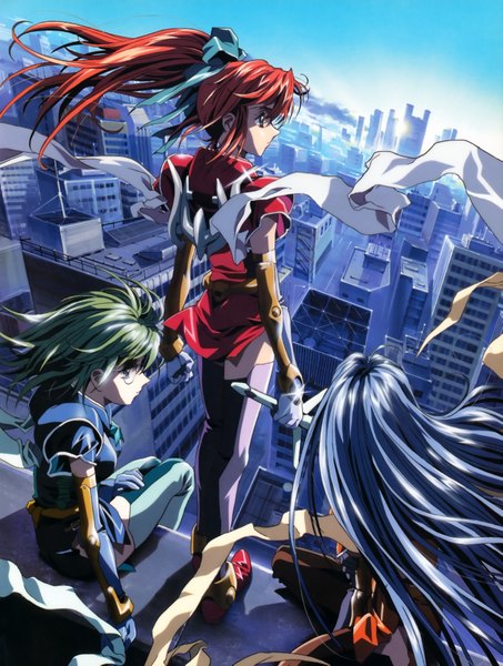 Anime picture 5265x6971 with kawarajima kou long hair tall image highres blue eyes multiple girls blue hair looking away absurdres ponytail red hair green hair scan city girl thighhighs ribbon (ribbons) weapon hair ribbon sword
