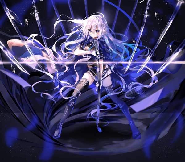 Anime picture 1181x1034 with original nekoboshi sakko single looking at viewer blush fringe hair between eyes standing purple eyes holding silver hair full body very long hair short sleeves zettai ryouiki floating hair fighting stance girl thighhighs skirt