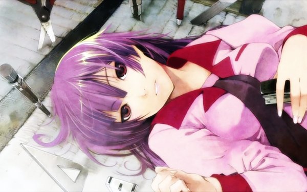 Anime picture 1280x800 with bakemonogatari shaft (studio) monogatari (series) senjougahara hitagi red eyes wide image purple hair uniform school uniform necktie