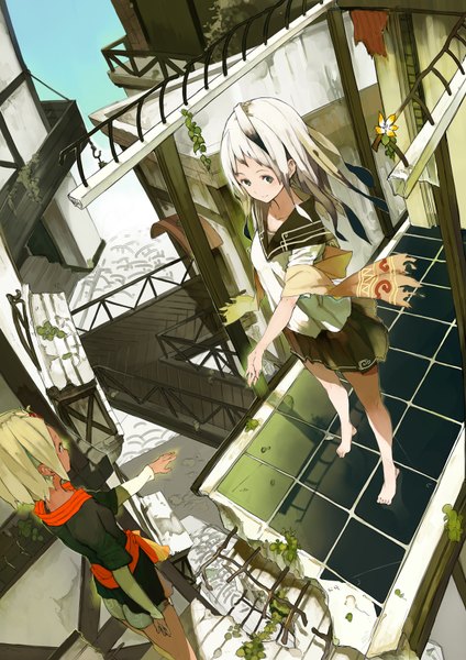 Anime picture 1200x1698 with original emuke (masatusaboten) long hair tall image blush short hair blonde hair multiple girls green eyes white hair pleated skirt multicolored hair barefoot light smile dark skin reflection girl uniform hair ornament flower (flowers)