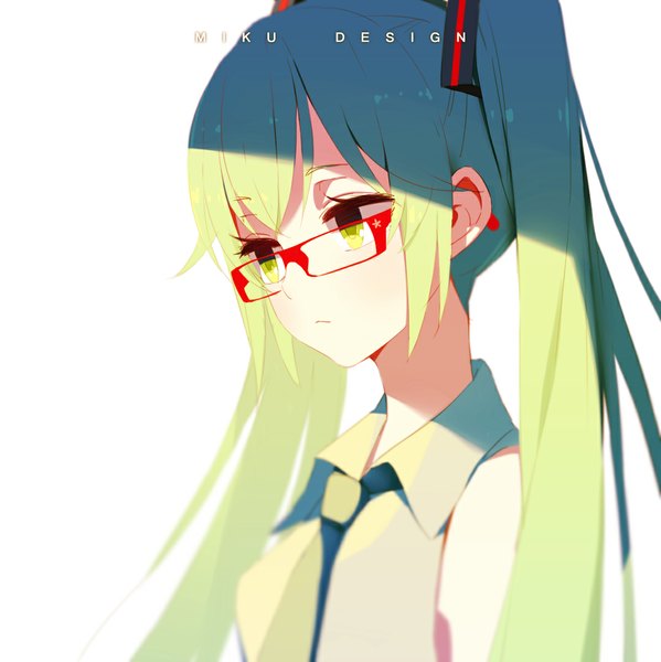 Anime picture 1080x1083 with vocaloid hatsune miku erolcy single long hair tall image fringe simple background white background twintails green eyes looking away green hair character names girl glasses