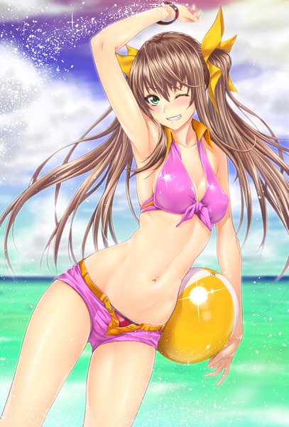Anime picture 1698x2500 with infinite stratos 8bit fang linyin zucchini single long hair tall image looking at viewer blush fringe breasts open mouth light erotic smile hair between eyes brown hair standing twintails bare shoulders holding