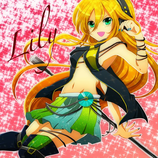 Anime picture 1000x1000 with vocaloid lily (vocaloid) aoizuki yuzu single long hair blush open mouth blonde hair green eyes midriff girl skirt navel miniskirt boots headphones microphone stand