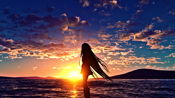 Anime picture 1920x1080 with vocaloid ia (vocaloid) aokcub single long hair highres wide image standing sky cloud (clouds) ahoge sunlight mountain silhouette lake morning sunrise girl skirt water