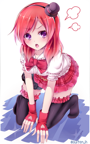 Anime picture 670x1075 with love live! school idol project sunrise (studio) love live! nishikino maki suitenjh single tall image blush short hair open mouth white background purple eyes red hair >:o girl thighhighs dress gloves bow black thighhighs