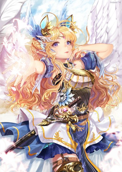 Anime picture 650x919 with original sera (kpj11) single long hair tall image open mouth blonde hair purple eyes sky cloud (clouds) pointy ears angel wings head wings girl dress hair ornament weapon earrings sword wings