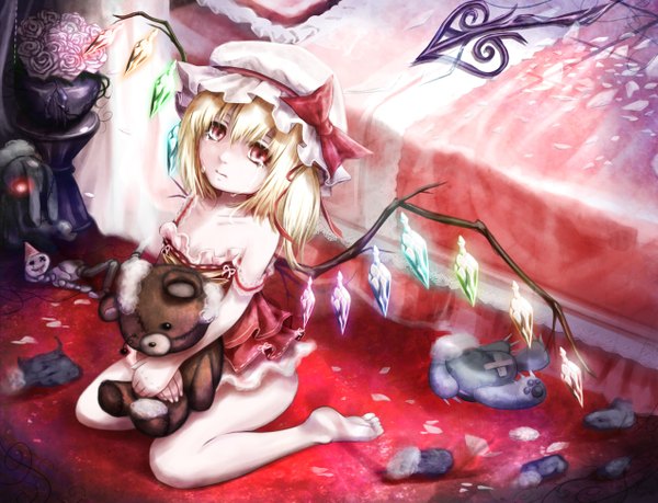 Anime picture 1273x975 with touhou flandre scarlet bankyuu (hoshibuchi) single long hair looking at viewer blonde hair sitting bare shoulders ponytail barefoot side ponytail wariza strap slip crying broken glass girl dress flower (flowers) bow