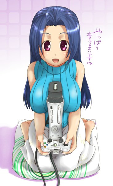 Anime picture 1040x1700 with idolmaster xenoglossia miura azusa ttomm (artist) single long hair tall image breasts open mouth light erotic purple eyes bare shoulders barefoot huge breasts hieroglyph girl skirt controller gamepad xbox