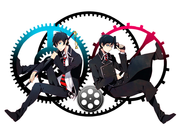 Anime picture 867x625 with ao no exorcist a-1 pictures okumura rin okumura yukio bahiyama short hair blue eyes black hair sitting looking away full body bent knee (knees) pointy ears multiple boys transparent background siblings brothers boy uniform weapon
