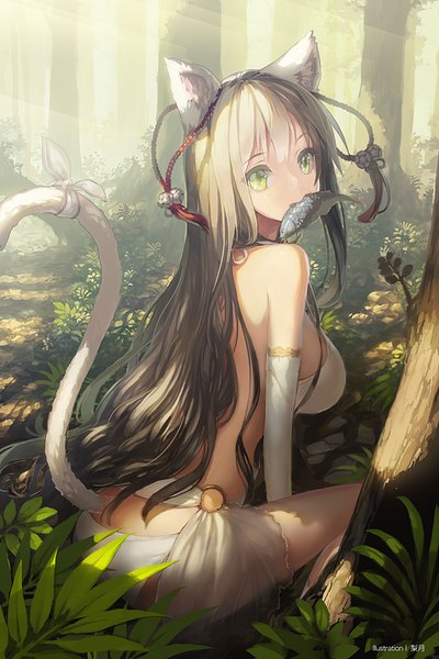 Anime picture 666x1000 with original ritsuki single long hair tall image looking at viewer fringe breasts light erotic blonde hair large breasts sitting bare shoulders green eyes animal ears tail animal tail looking back sunlight cat ears