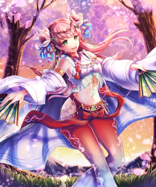 Anime picture 2600x3120 with original karo karo single long hair tall image looking at viewer highres open mouth green eyes pink hair hair flower midriff cherry blossoms girl navel hair ornament flower (flowers) plant (plants) detached sleeves tree (trees)