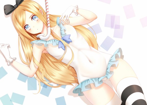 Anime picture 1300x929 with alice in wonderland alice (wonderland) koyaya (sorano) long hair blush blue eyes light erotic simple background blonde hair girl thighhighs gloves navel bow swimsuit hair bow one-piece swimsuit striped thighhighs snorkel