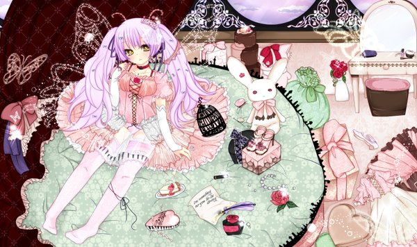 Anime picture 1516x900 with sakuragi yuzuki long hair wide image twintails yellow eyes pink hair loli girl thighhighs dress bow white thighhighs food sweets rose (roses) necklace gift cake bunny chocolate