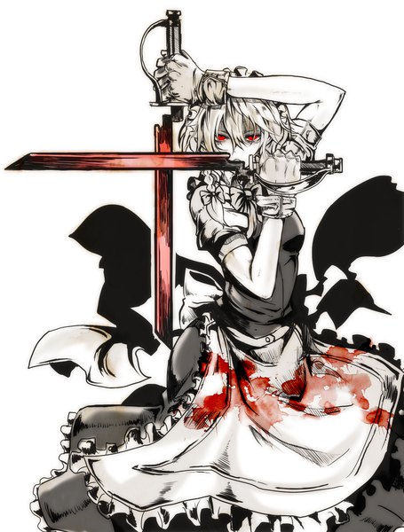 Anime picture 1510x1990 with hellsing touhou izayoi sakuya itosiki zetu single long hair tall image looking at viewer fringe simple background hair between eyes red eyes white background white hair braid (braids) arms up maid puffy sleeves monochrome bloody clothes