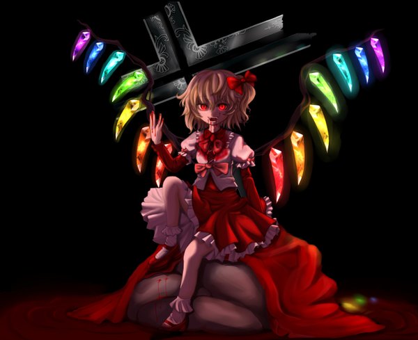 Anime picture 1470x1200 with touhou flandre scarlet emerane single fringe short hair blonde hair hair between eyes red eyes sitting full body loli one side up glowing glowing eye (eyes) blood on face vampire bloody clothes no hat girl