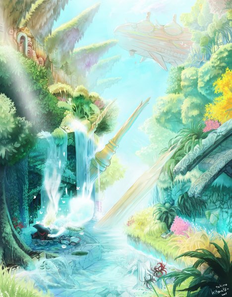 Anime picture 1413x1812 with sonic (series) shadow the hedgehog maria (sonic the hadgehog) hitonatsu tall image short hair blonde hair signed sky lying eyes closed flying ghost river ruins rock waterfall girl dress flower (flowers)