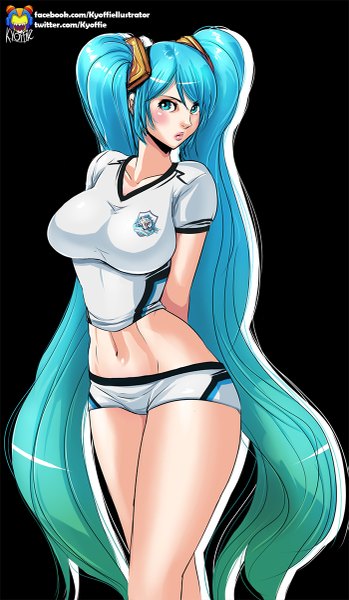 Anime picture 699x1200 with league of legends sona buvelle kyoffie12 single tall image blush breasts blue eyes light erotic simple background large breasts twintails very long hair multicolored hair two-tone hair midriff legs black background hands behind back girl