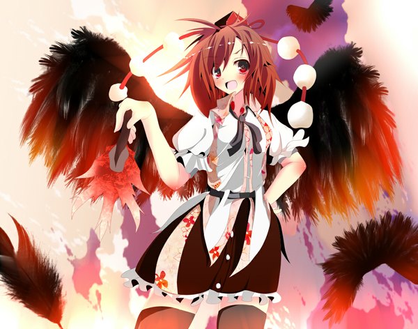 Anime picture 1110x875 with touhou shameimaru aya sukage single blush short hair open mouth red eyes red hair girl thighhighs dress black thighhighs hat wings feather (feathers) fan hauchiwa