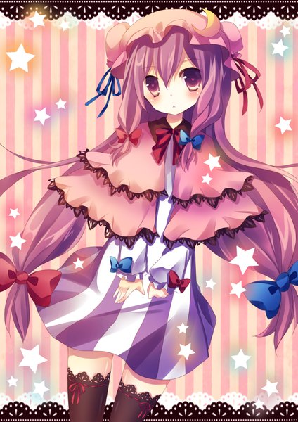 Anime picture 2893x4092 with touhou patchouli knowledge kusada souta single long hair tall image blush highres purple eyes purple hair striped striped background girl thighhighs bow black thighhighs hair bow star (symbol) bonnet moon (symbol)