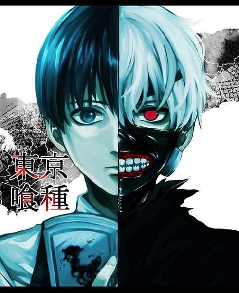 Anime picture 818x1000 with tokyo ghoul studio pierrot kaneki ken mu7si tall image looking at viewer short hair blue eyes black hair red eyes white hair teeth text hieroglyph framed dual persona boy mask zipper