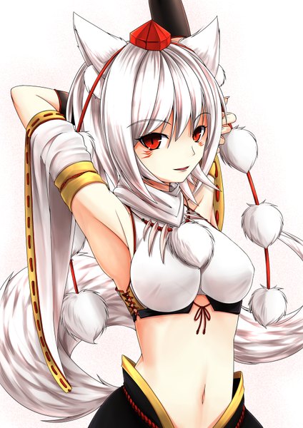 Anime picture 1210x1711 with touhou inubashiri momiji inyuppo (artist) single tall image looking at viewer fringe breasts light erotic simple background hair between eyes red eyes white background animal ears payot white hair tail traditional clothes japanese clothes animal tail