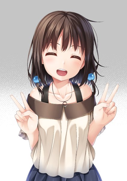 Anime picture 1000x1417 with original yuuri nayuta single tall image blush fringe short hair open mouth simple background hair between eyes brown hair standing bare shoulders upper body eyes closed head tilt victory girl hair ornament pendant