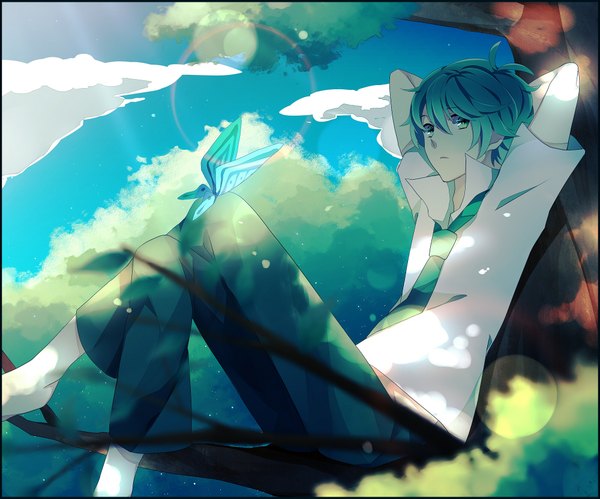 Anime picture 2000x1666 with original achiki single looking at viewer highres short hair sitting green eyes sky cloud (clouds) barefoot aqua hair arms behind head boy plant (plants) shirt tree (trees) necktie insect butterfly