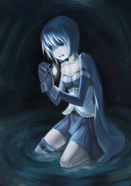 Anime picture 1748x2480 with mahou shoujo madoka magica shaft (studio) miki sayaka xiamianliele (artist) single tall image highres short hair blue eyes blue hair absurdres kneeling crying girl detached sleeves water cloak