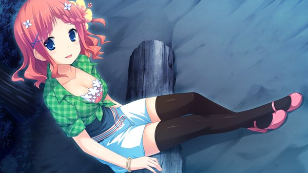 Anime picture 2560x1440 with koisuru natsu no last resort maki shiori mottsun single looking at viewer blush highres short hair open mouth blue eyes wide image game cg red hair hair flower girl thighhighs dress hair ornament flower (flowers) black thighhighs