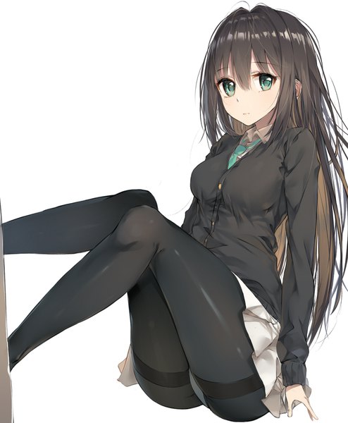 Anime picture 1500x1820 with idolmaster idolmaster cinderella girls shibuya rin rikoma single long hair tall image looking at viewer fringe breasts light erotic simple background hair between eyes brown hair white background green eyes bent knee (knees) long sleeves pleated skirt thighs