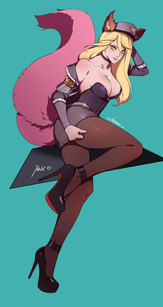 Anime picture 545x1024 with league of legends ahri (league of legends) popstar ahri (league of legends) gu-ko citemer single long hair tall image looking at viewer breasts light erotic simple background blonde hair animal ears yellow eyes tail animal tail high heels fox ears fox tail girl