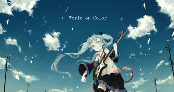 Anime picture 1684x895 with vocaloid hatsune miku yushika single looking at viewer wide image twintails sky cloud (clouds) very long hair aqua eyes aqua hair girl thighhighs skirt hair ornament black thighhighs detached sleeves necktie wire (wires)