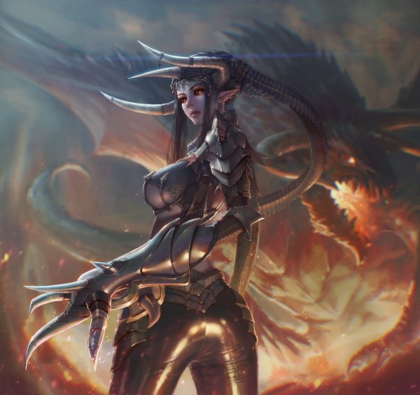 Anime picture 1200x1129 with league of legends shyvana (league of legends) tagme (artist) single long hair breasts black hair red eyes large breasts ass looking back horn (horns) pointy ears from behind fantasy girl earrings armor dragon