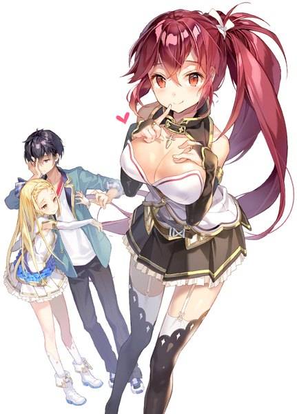 Anime picture 625x870 with madou shoujo ni tensei shita ore no souken ga yuunou sugiru gilse long hair tall image looking at viewer blush fringe short hair breasts light erotic black hair simple background blonde hair hair between eyes red eyes large breasts white background multiple girls yellow eyes payot